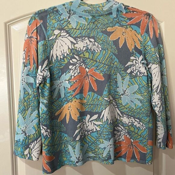 SIGRID OLSEN SPORT Sequined Tropical Floral Knit Rayon Sweater Women’s Size LP - Picture 2 of 6